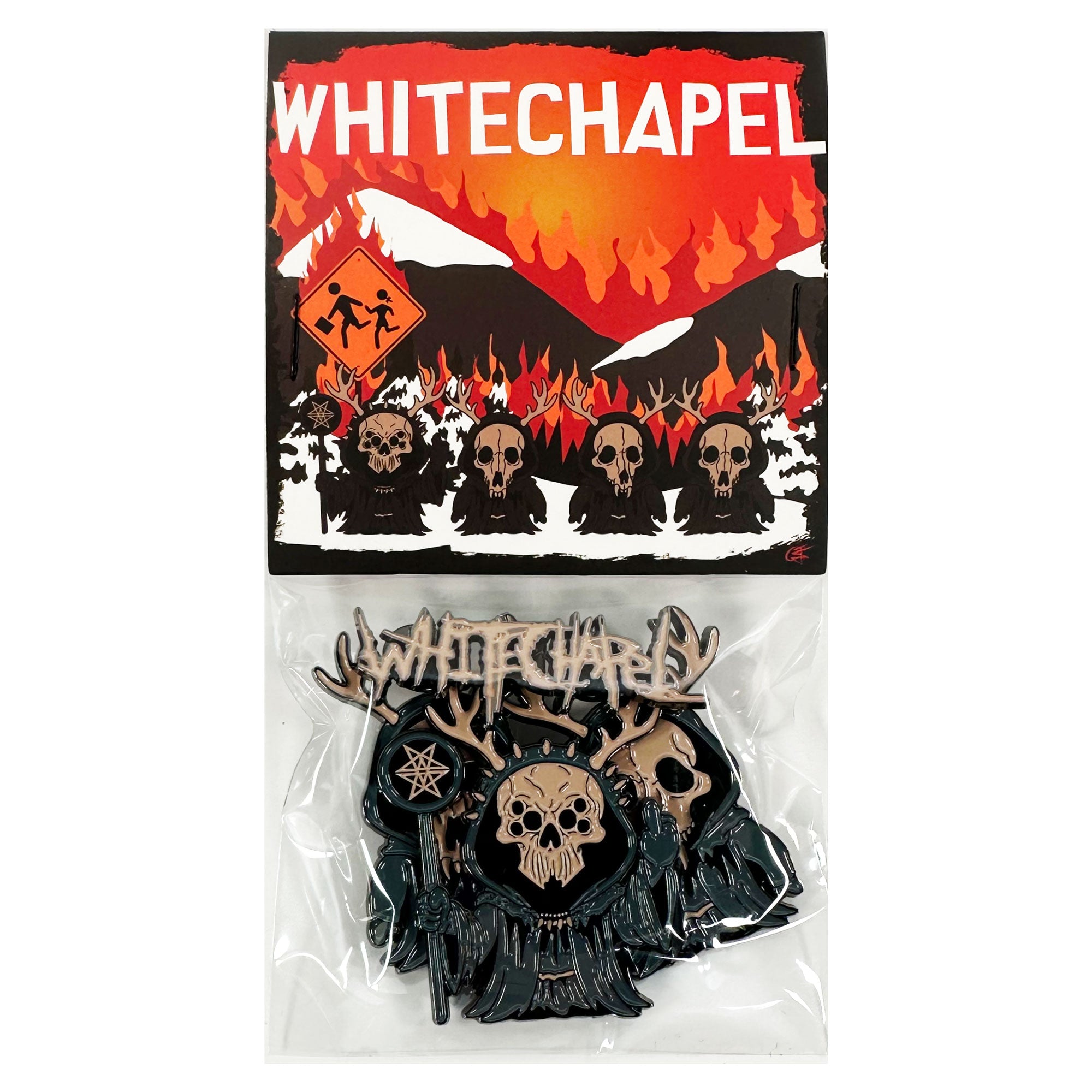 The Whitechapel enamel pin pack by Cult Park features hooded skulls with antlers and staffs, displayed on a card against a fiery forest backdrop with burning trees, skulls, and a warning sign.
