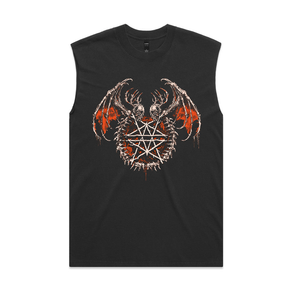 A black sleeveless t-shirt by Whitechapel featuring a graphic demonic skull with horns, wings, a central pentagram, and distressed red and white details—ideal for fans of bold, oversized styles.