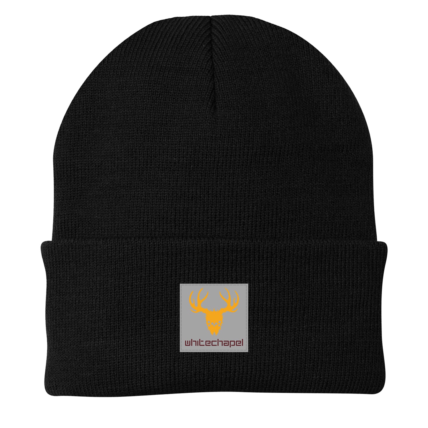 A black winter beanie with a folded brim featuring a front patch of a yellow deer head and 