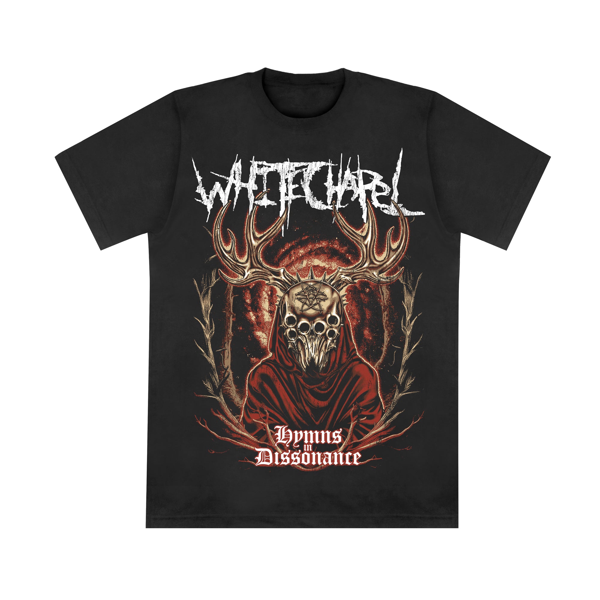 Whitechapel Black Comfort Colors T-shirt with a horned skeletal figure in a red cloak, Whitechapel jagged white text above, Hymns of Dissonance in red Gothic font below, and fiery gothic artwork on the front.