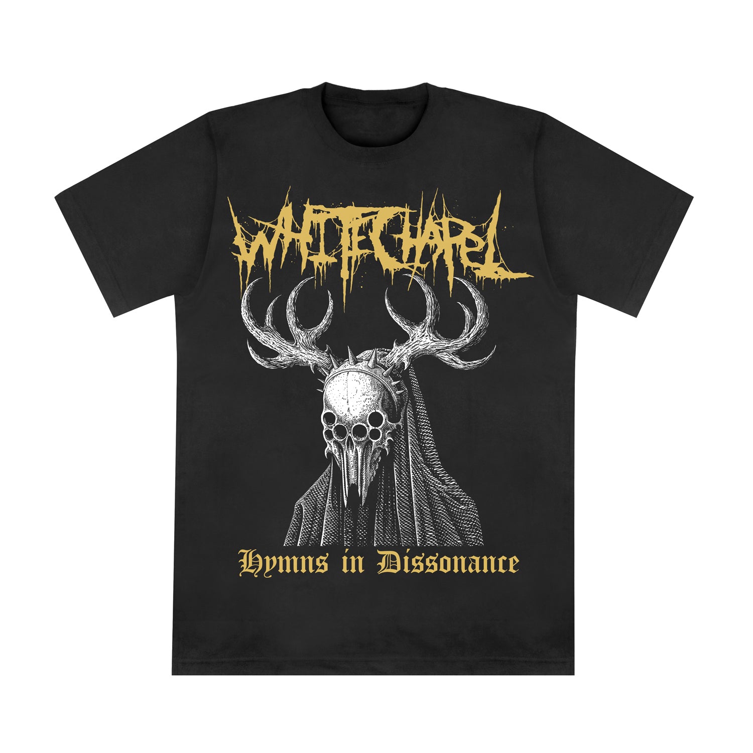 A black Whitechapel tee features a horned skeletal figure in a cloak. 