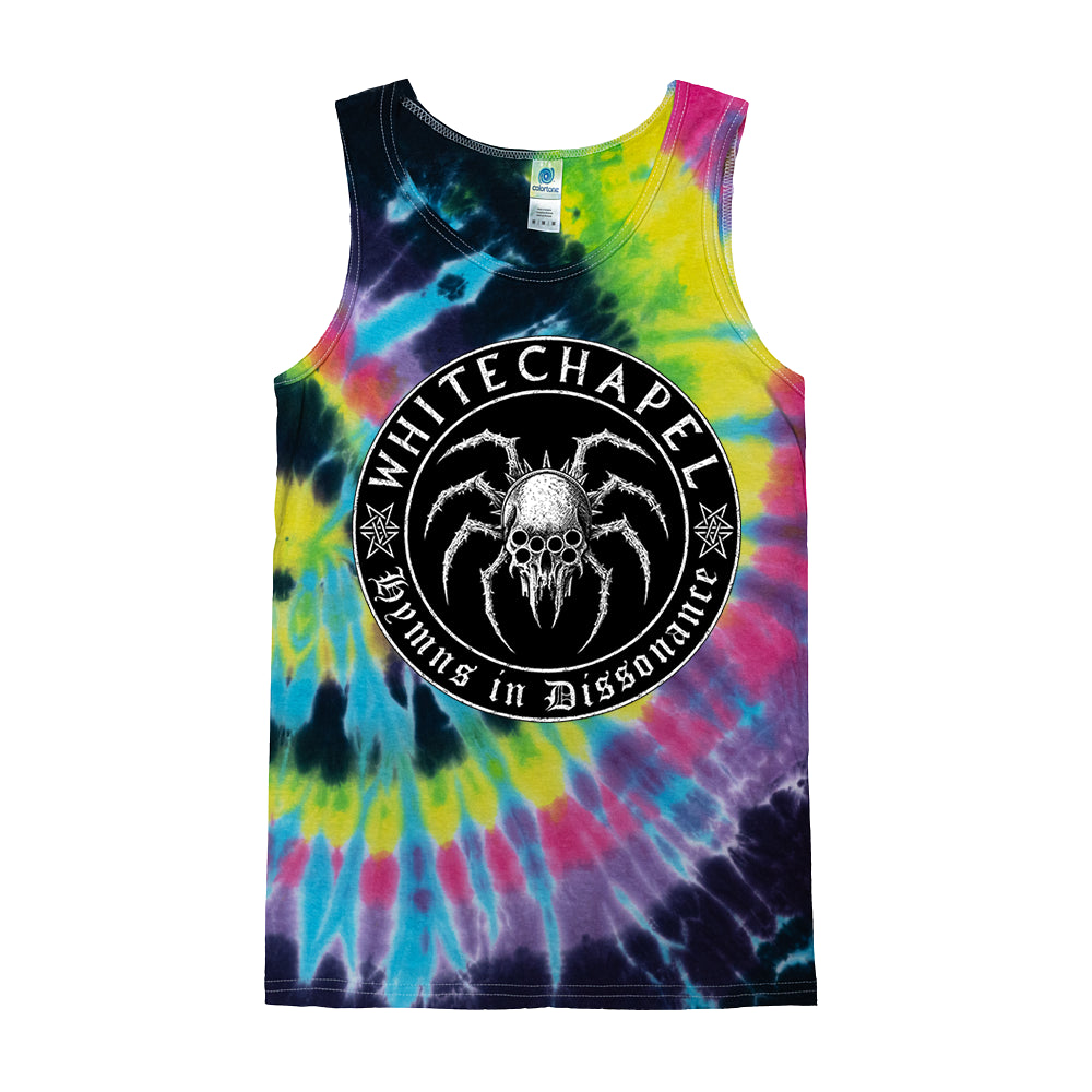 A vibrant tie-dye tank top by Whitechapel, featuring a black circular spider graphic with WHITECHAPEL at the top and Hymns in Dissonance at the bottom—a bold, must-have piece for fans.