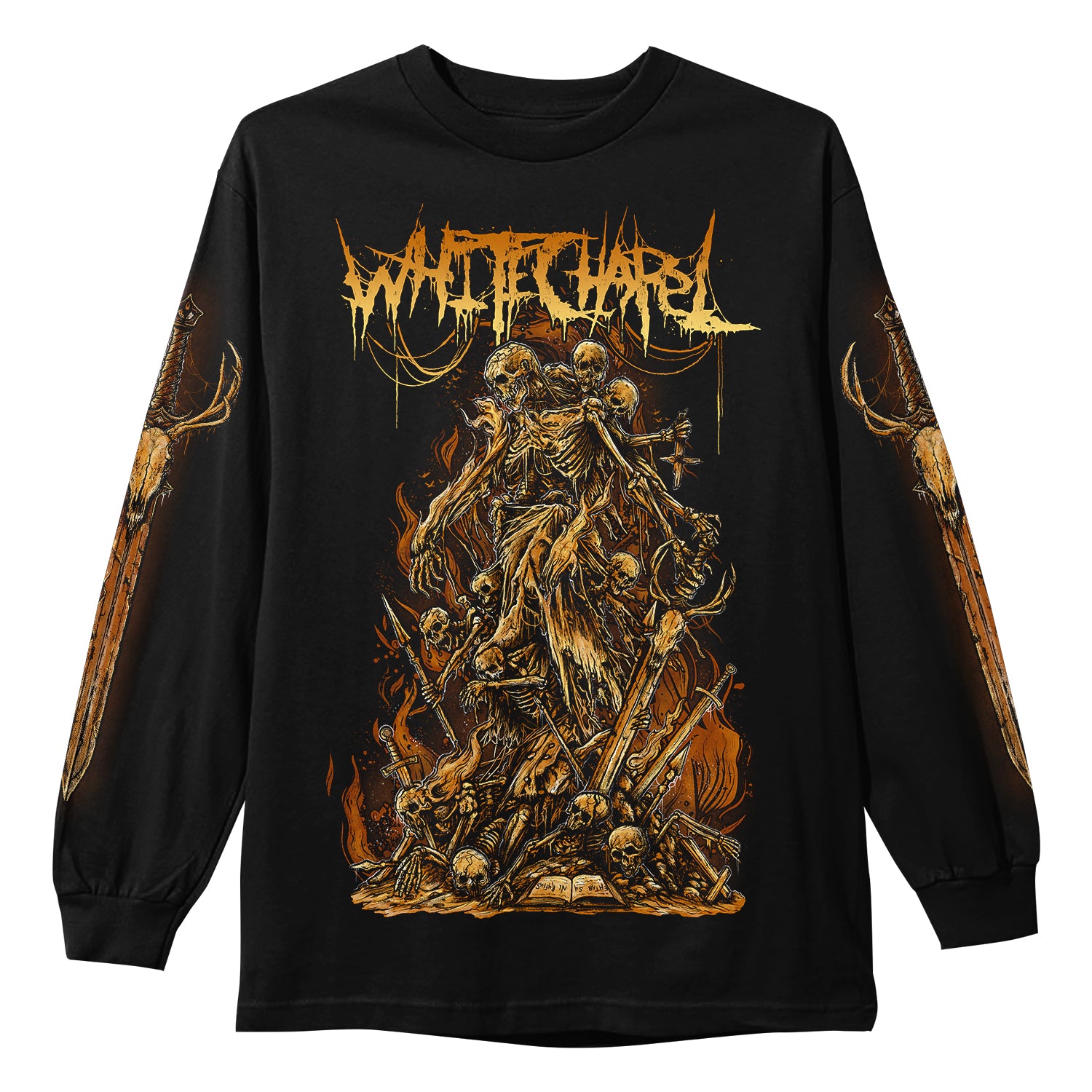 Whitechapel black long-sleeve shirt on Comfort Colors; jagged yellow band logo above skeletal and demonic figures in flames and skulls, with dark fiery sleeve art.