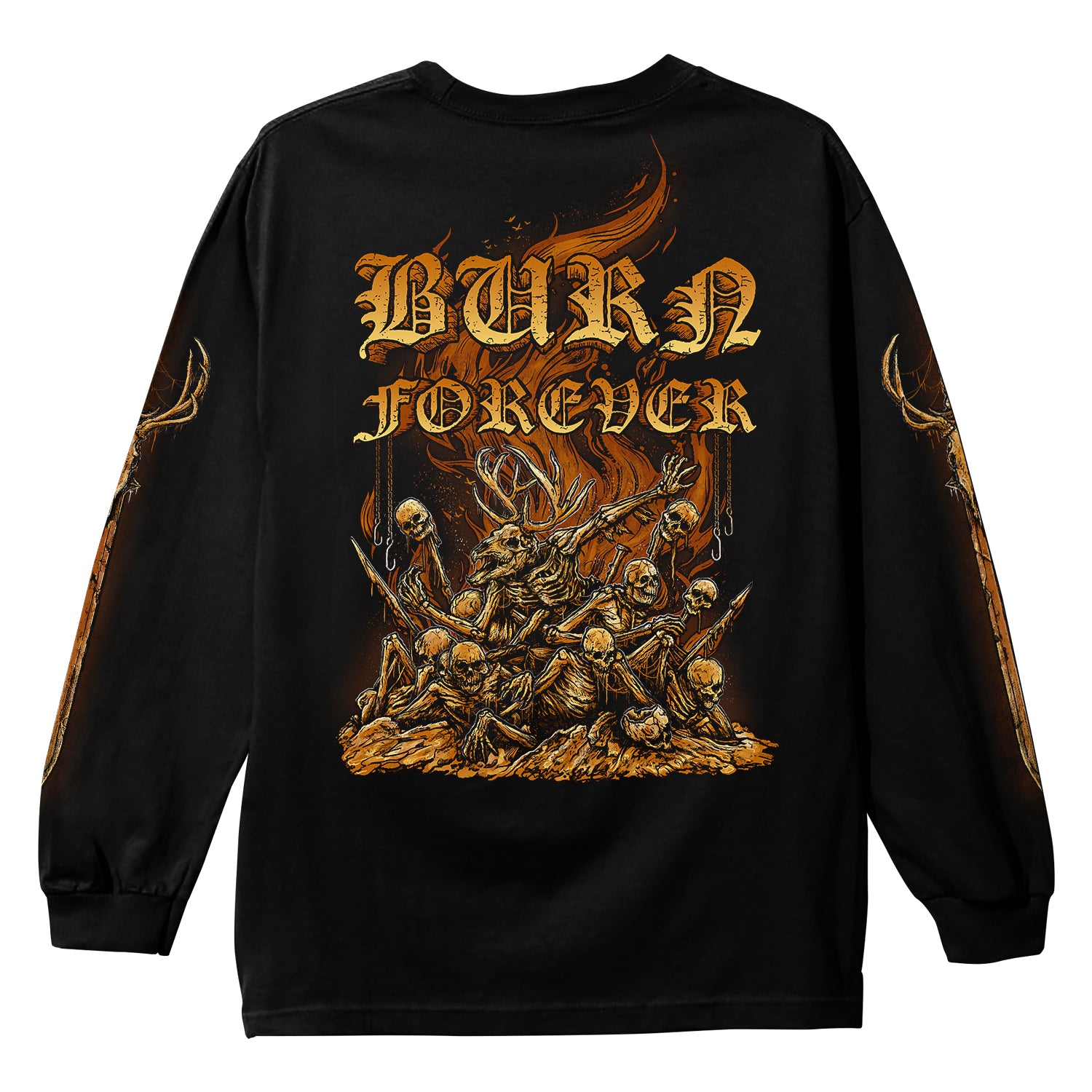 Whitechapel black long-sleeve shirt on Comfort Colors with BURN FOREVER in fiery Gothic letters above skeletons and flames. Orange and yellow artwork is printed, including bone-like sleeve designs.
