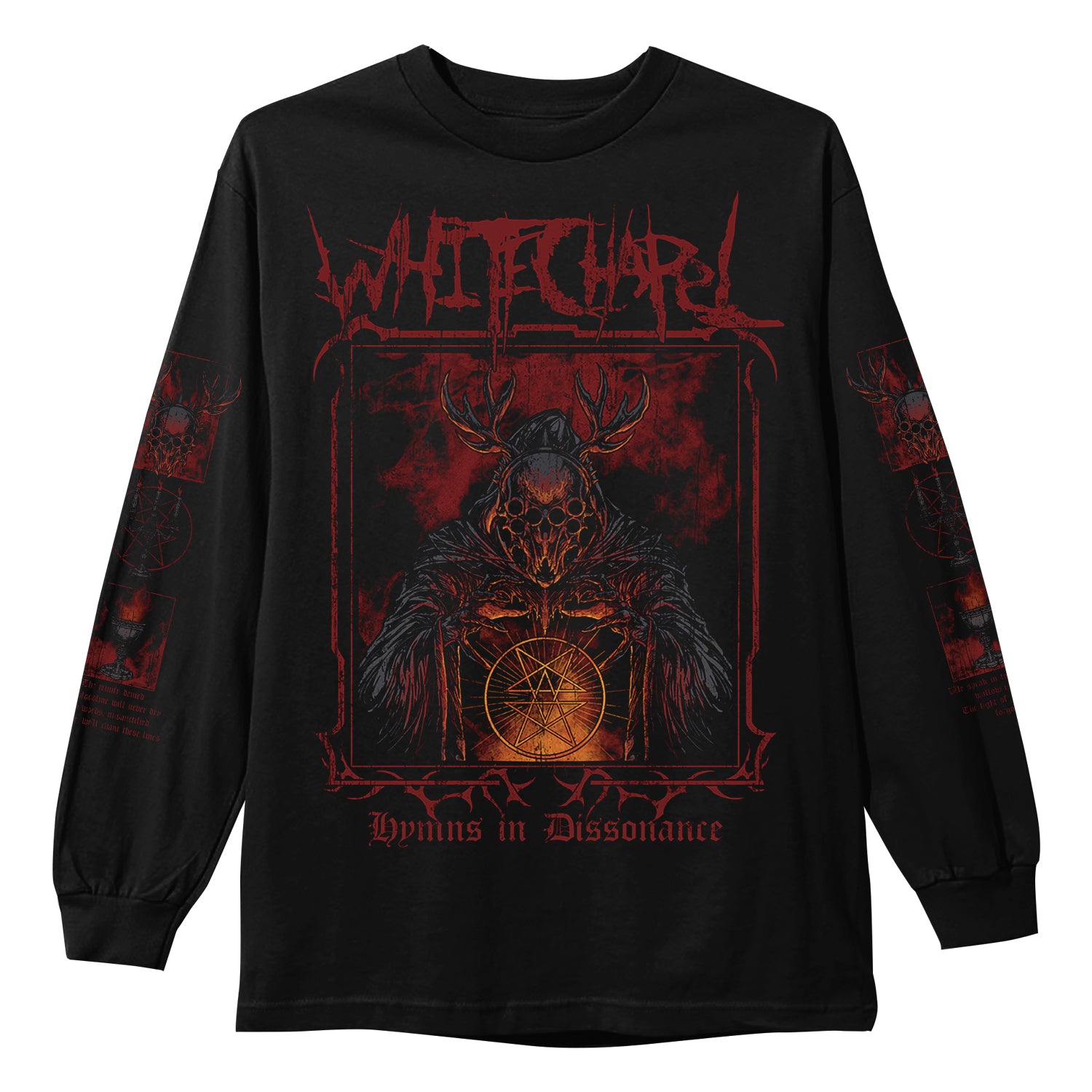 Whitechapel black long-sleeve Comfort Colors shirt with red horned skeleton/pentagram artwork, “WHITECHAPEL” and “Hymns in Dissonance” text; red sleeve designs. Available for presale—ships 5/15/26.