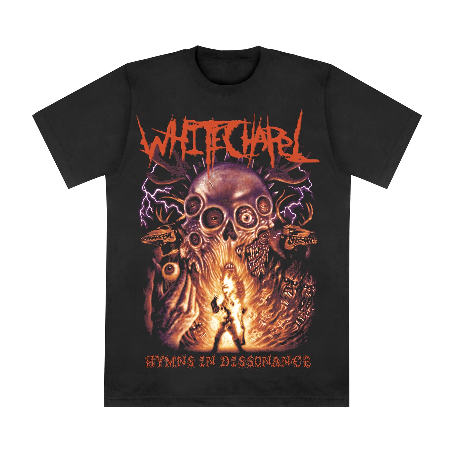 The Whitechapel Black Comfort Colors T-shirt features the band’s name in jagged red letters above a fiery, skull-like creature with lightning and faces, plus “HYMNS IN DISSONANCE” at the bottom—ideal for fans of bold Whitechapel apparel.