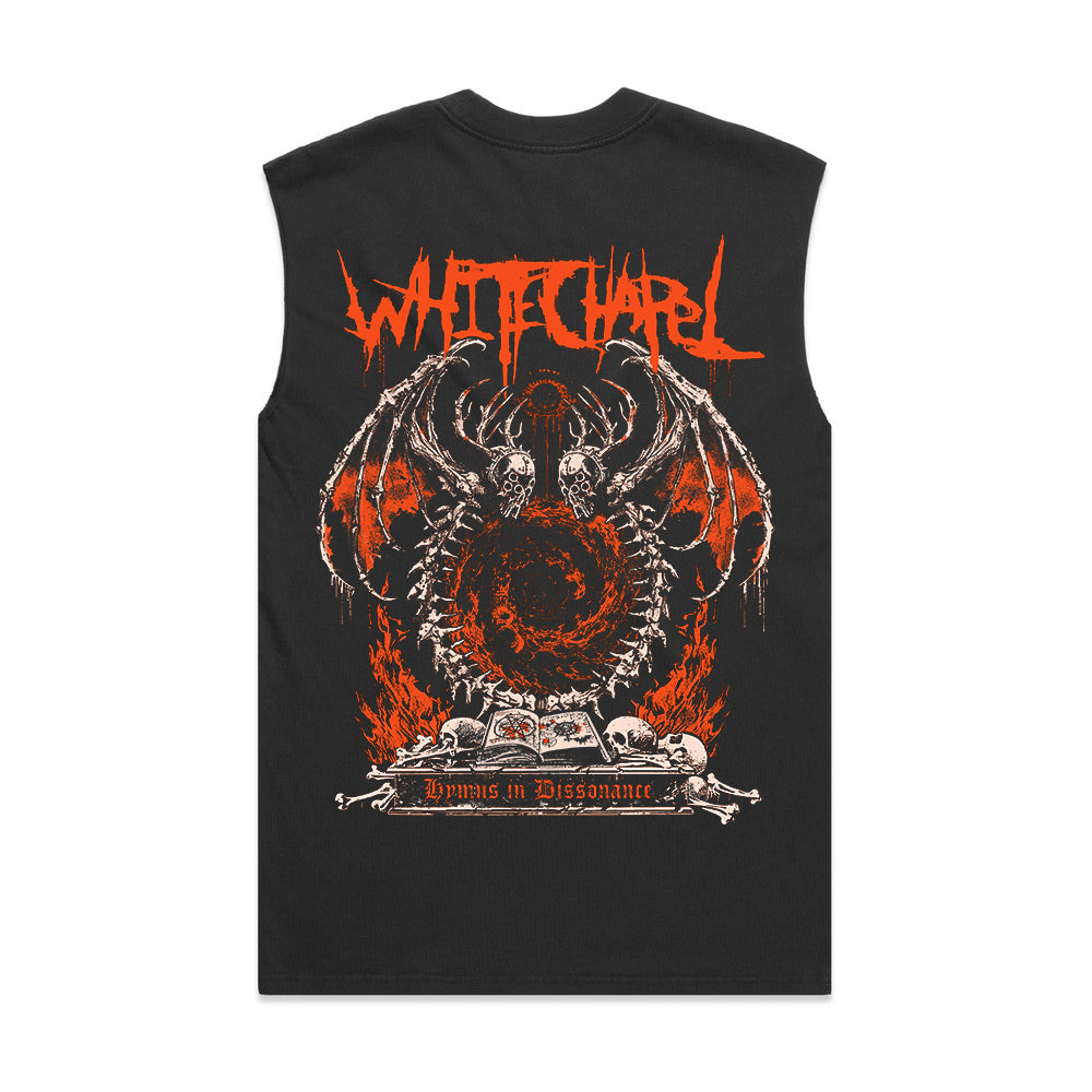 Whitechapel sleeveless black shirt with bold red jagged “Whitechapel” text, a fiery demonic skull with wings, open book, skeletons, and “Hymns in Dissonance” at the bottom. Ideal for fans of oversized apparel.