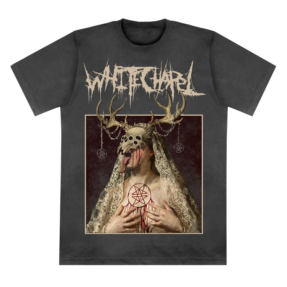 A black Whitechapel Comfort Colors t-shirt with the band logo above a crowned, antlered skull figure holding a bleeding pentagram amid occult symbols. Dark gothic design. Presale—ships 5/15/26.
