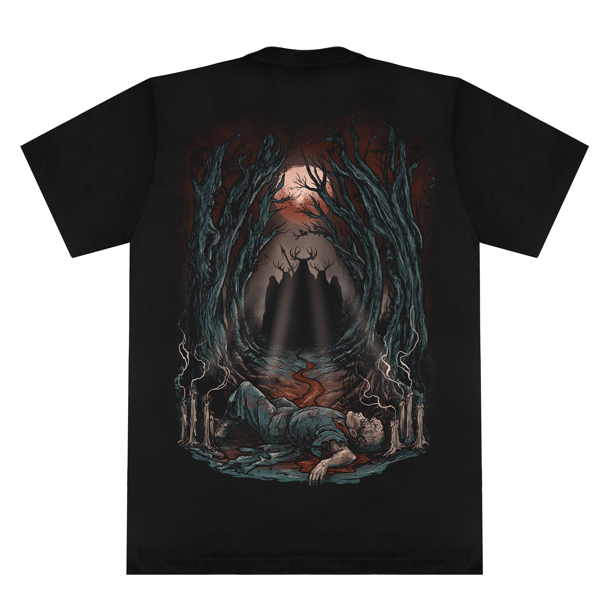 Whitechapel black t-shirt made from soft ring-spun cotton, features artwork of a person lying among candles and twisted trees, with shadowy figures and a glowing red moon for an eerie vibe.