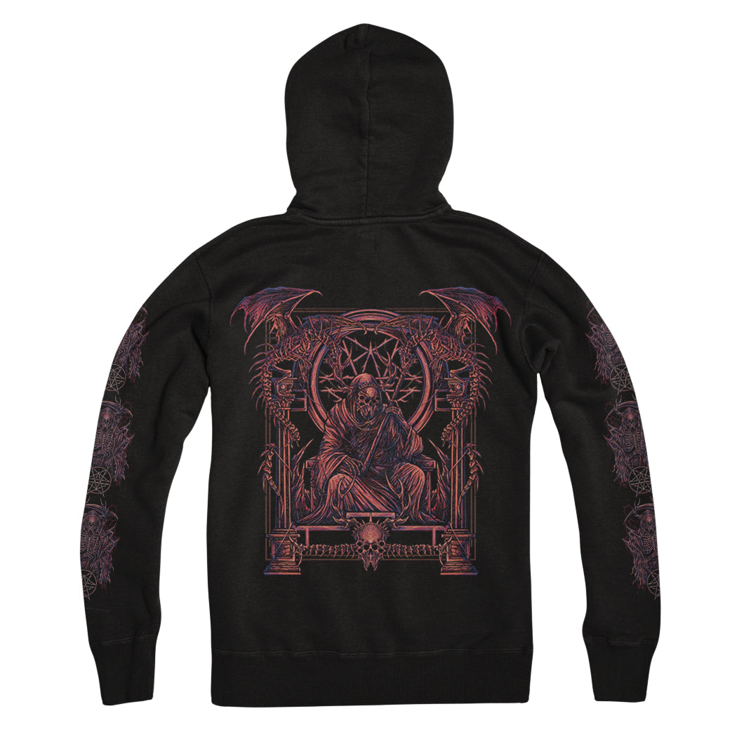 Whitechapel black fleece pullover hoodie with a gothic-style back graphic of a robed skeletal figure on a throne, surrounded by bats, columns, and ornate red and purple details.