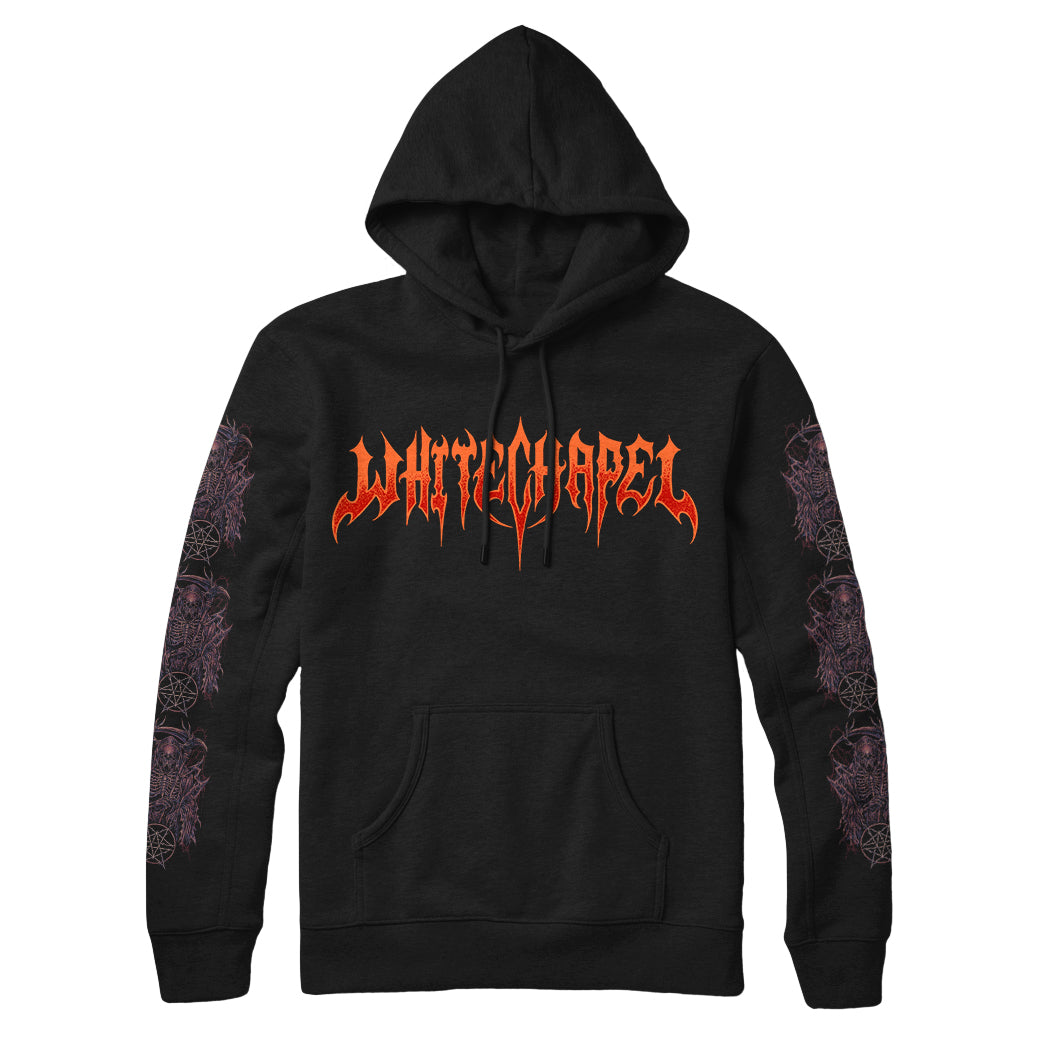 Black pullover hoodie by Whitechapel with stylized orange and red logo on front, gothic-style sleeve artwork, front pocket, drawstring hood, and soft ring-spun cotton fleece for comfort.