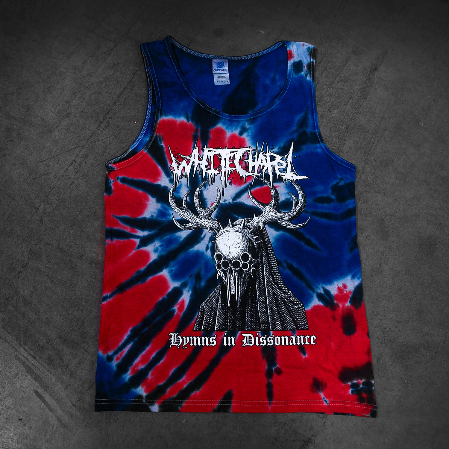 A Whitechapel tie-dye tank top by Colortone in red, blue, and black features a white stag skull with antlers, 