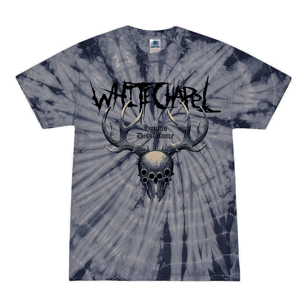 This classic fit gray tie-dye t-shirt by Whitechapel features their name in jagged black letters above an antlered skull, with 