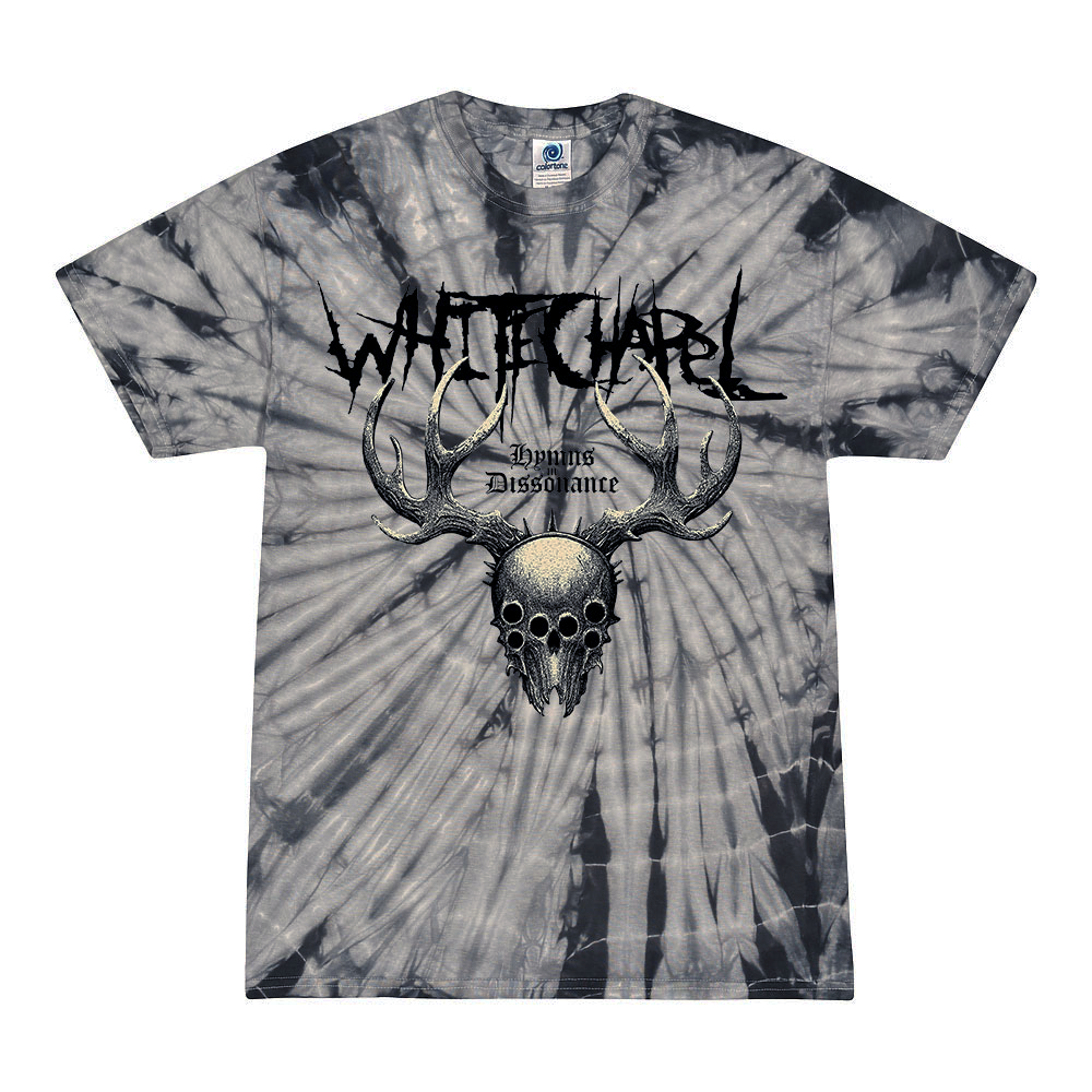 A gray and black tie-dye Whitechapel T-shirt features the band’s name in distressed lettering above antlers and a skull graphic, with “Untitled Dissonance” below. Made from heavyweight cotton for fans seeking a standout look.