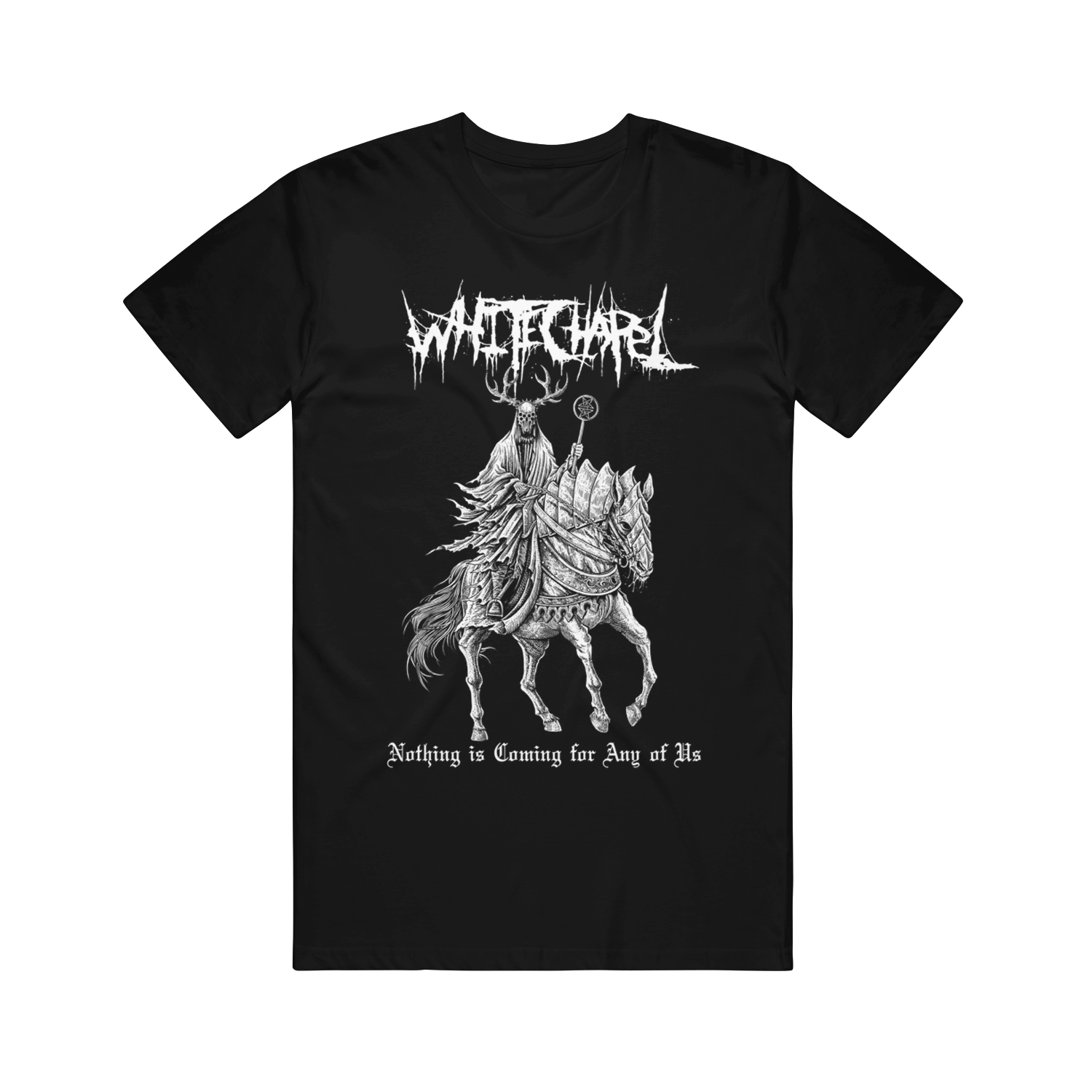 Whitechapel Black Comfort Colors T-shirt with a white graphic of a hooded figure on horseback holding a staff. 