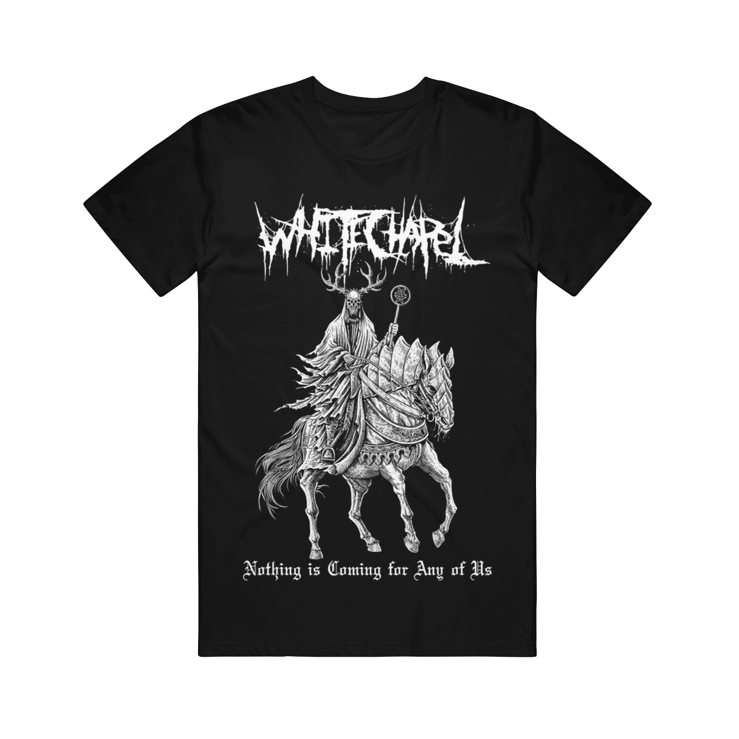 Whitechapel Black Comfort Colors T-shirt with a hooded skeleton on horseback, gothic 