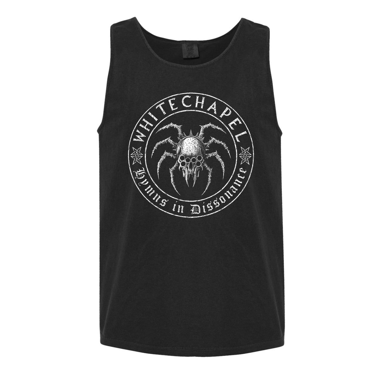 Black Comfort Colors tank top featuring a white spider graphic with Whitechapel above, Hymns in Dissonance below, and two stars beside the circular design.