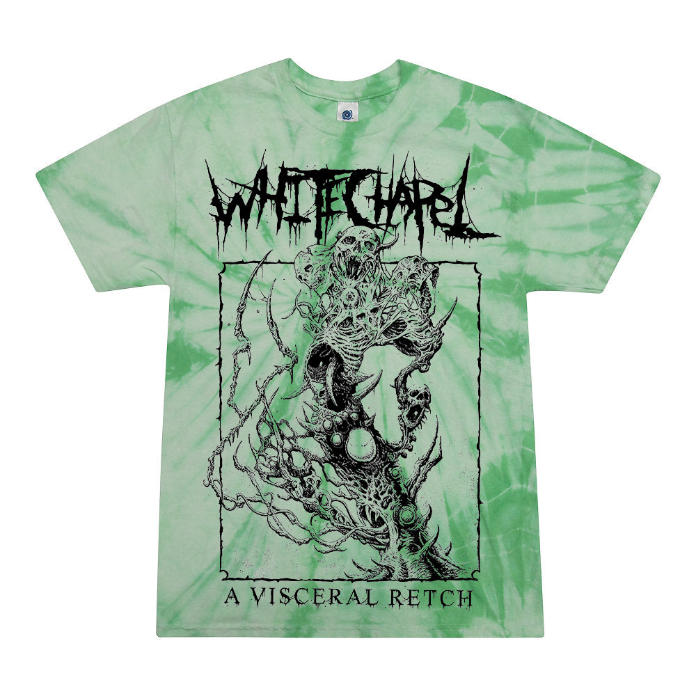 Light green tie-dye Whitechapel shirt with the band name in black twisted letters above detailed grotesque line art and A Visceral Retch text at the bottom.