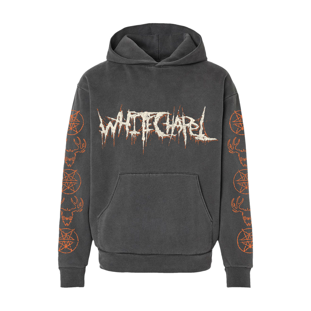 A black Whitechapel hoodie with a large, distressed white logo on the chest plus orange pentagrams and skulls down the sleeves. This presale item ships starting 5/15/26.