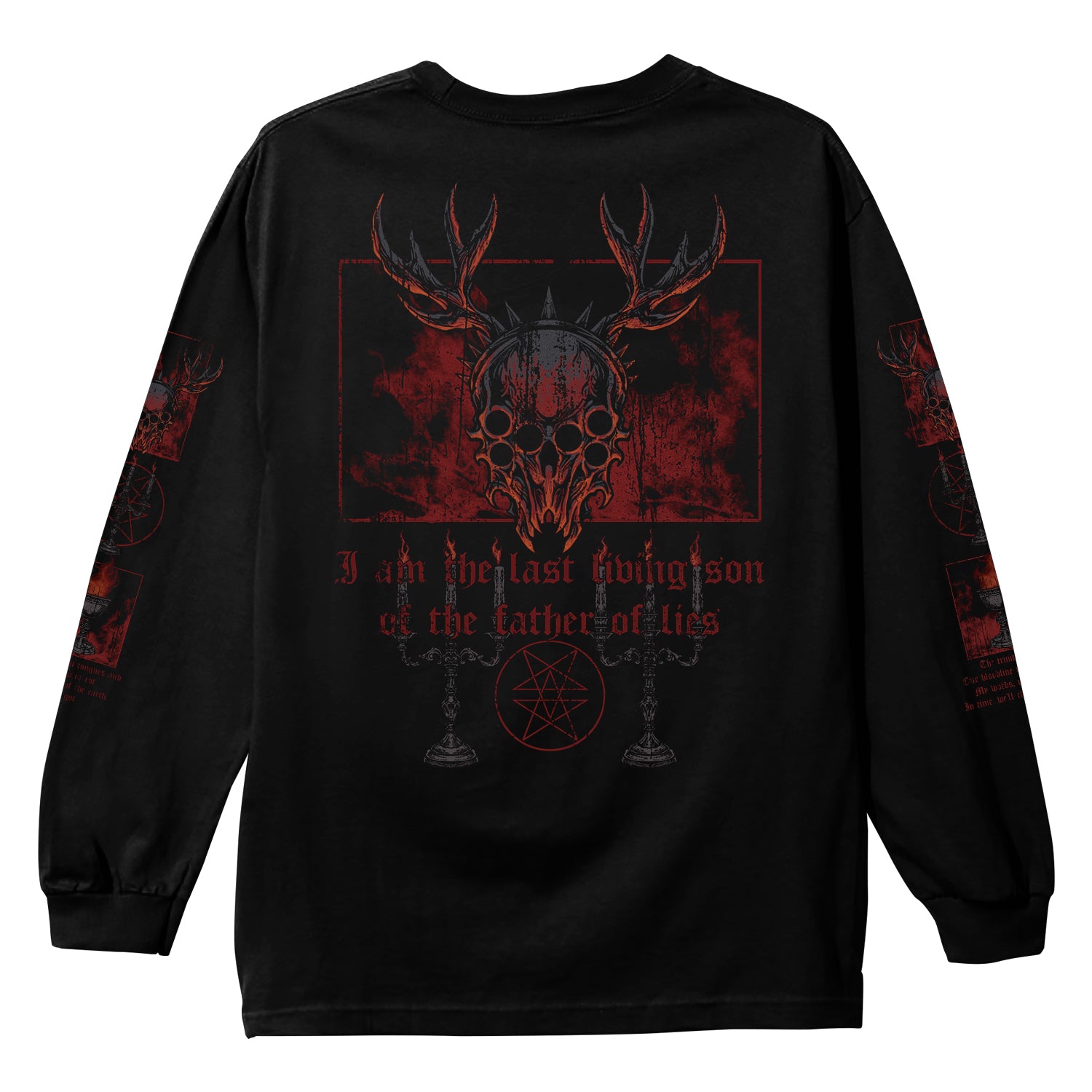Whitechapel black long-sleeve Comfort Colors shirt with red horned skull, candles, and pentagram on the back plus 