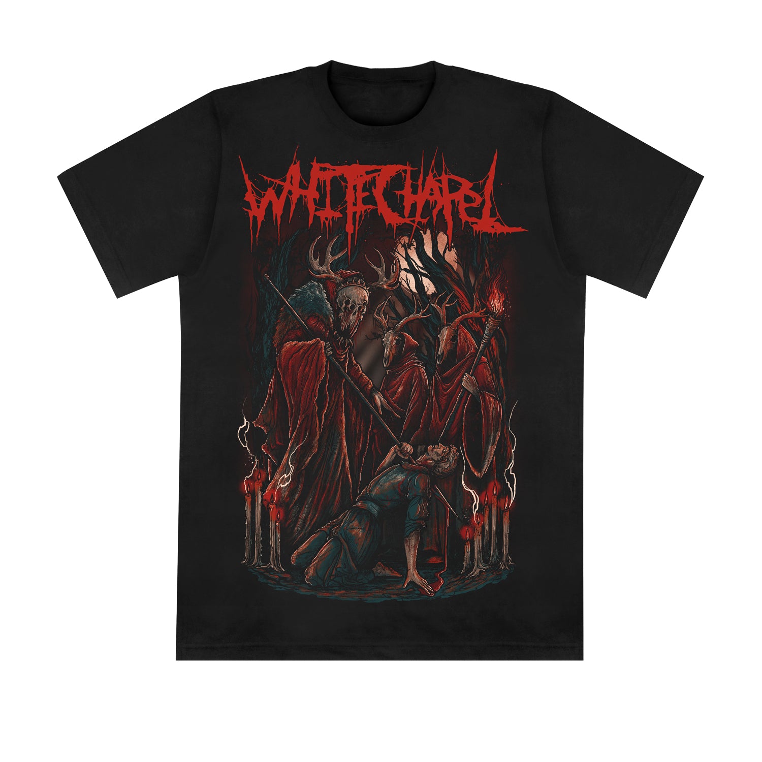 Whitechapel Black T-shirt featuring jagged red band logo above a dark gothic scene with hooded, skeletal figures and candles surrounding a kneeling figure. Printed on premium Comfort Colors for superior softness.