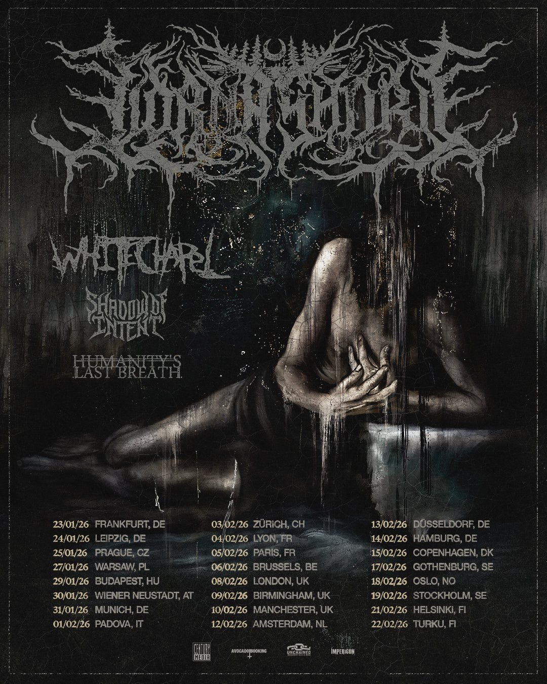 Tour poster for Lorna Shore with bands Whitechapel, Shadow of Intent, and Humanity’s Last Breath. Dark, gritty art shows a figure in distress and lists tour dates and cities across Europe for early 2026.