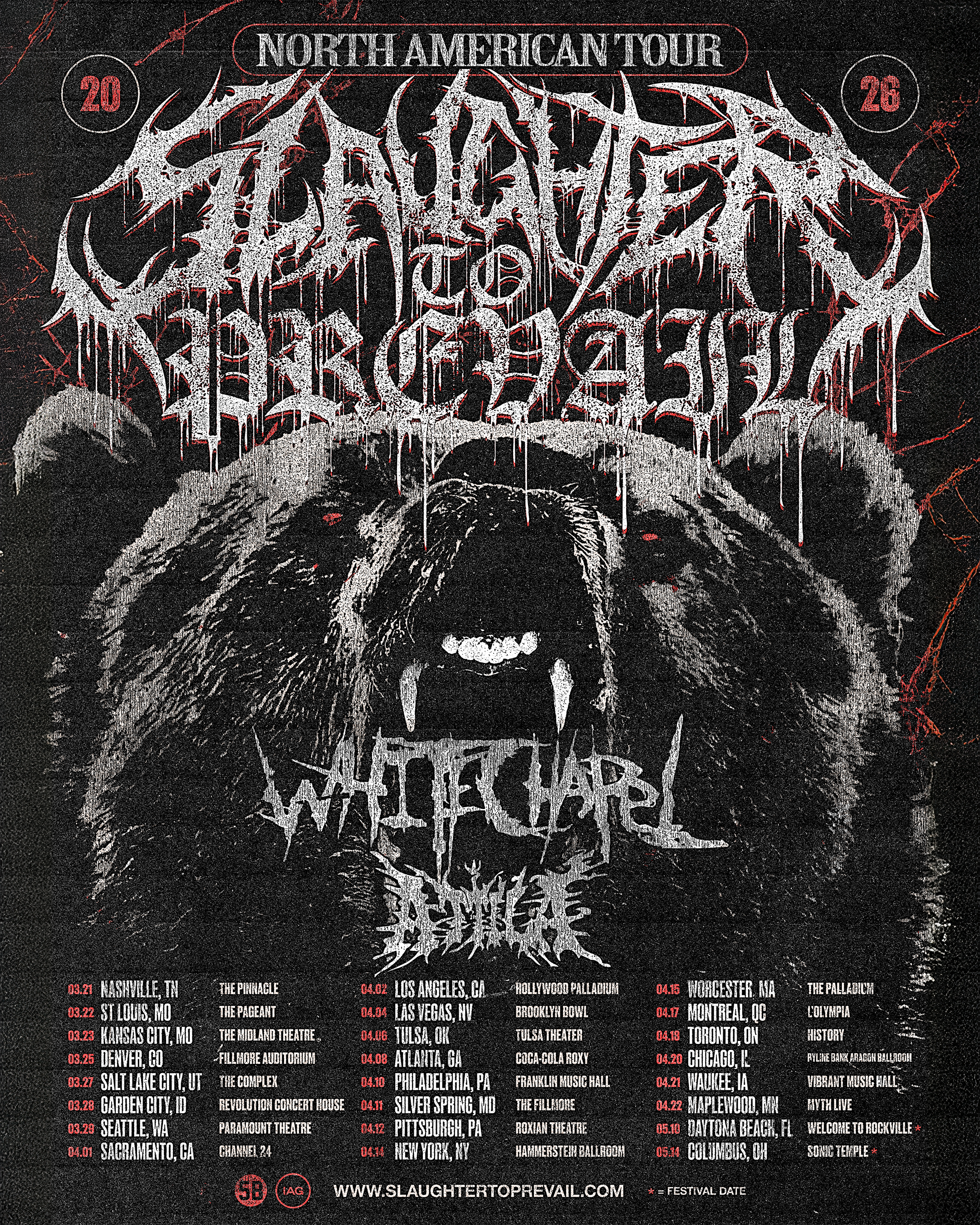 Concert tour poster for Slaughter to Prevail features a snarling bear with band logos. Tour dates and locations for their 2024 North American tour are listed below the image in white text on a dark background.