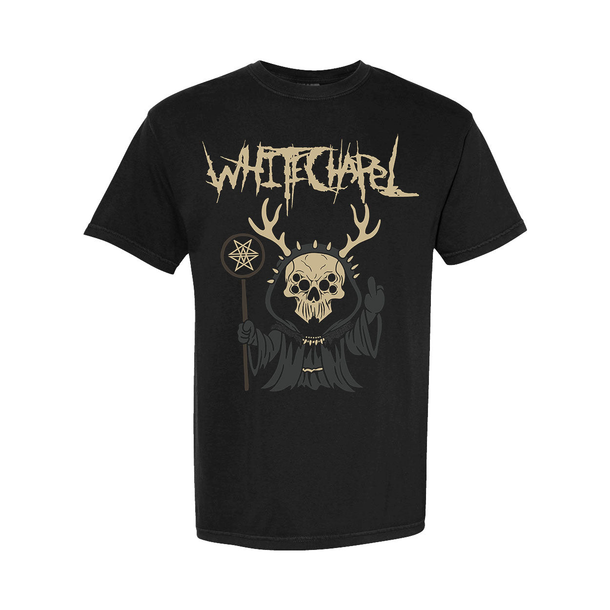 Black t-shirt by Whitechapel on Comfort Colors, featuring a cloaked skeleton with antlers holding a pentagram staff and raising a middle finger, plus Whitechapel text.