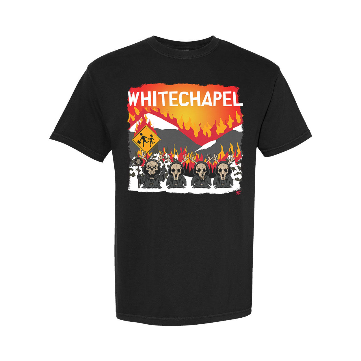 This black Whitechapel t-shirt, made with Comfort Colors fabric, displays the band name in bold white above a mountain, flames, a yellow caution sign, and skulls—a bold pick for fans of eye-catching printed apparel.