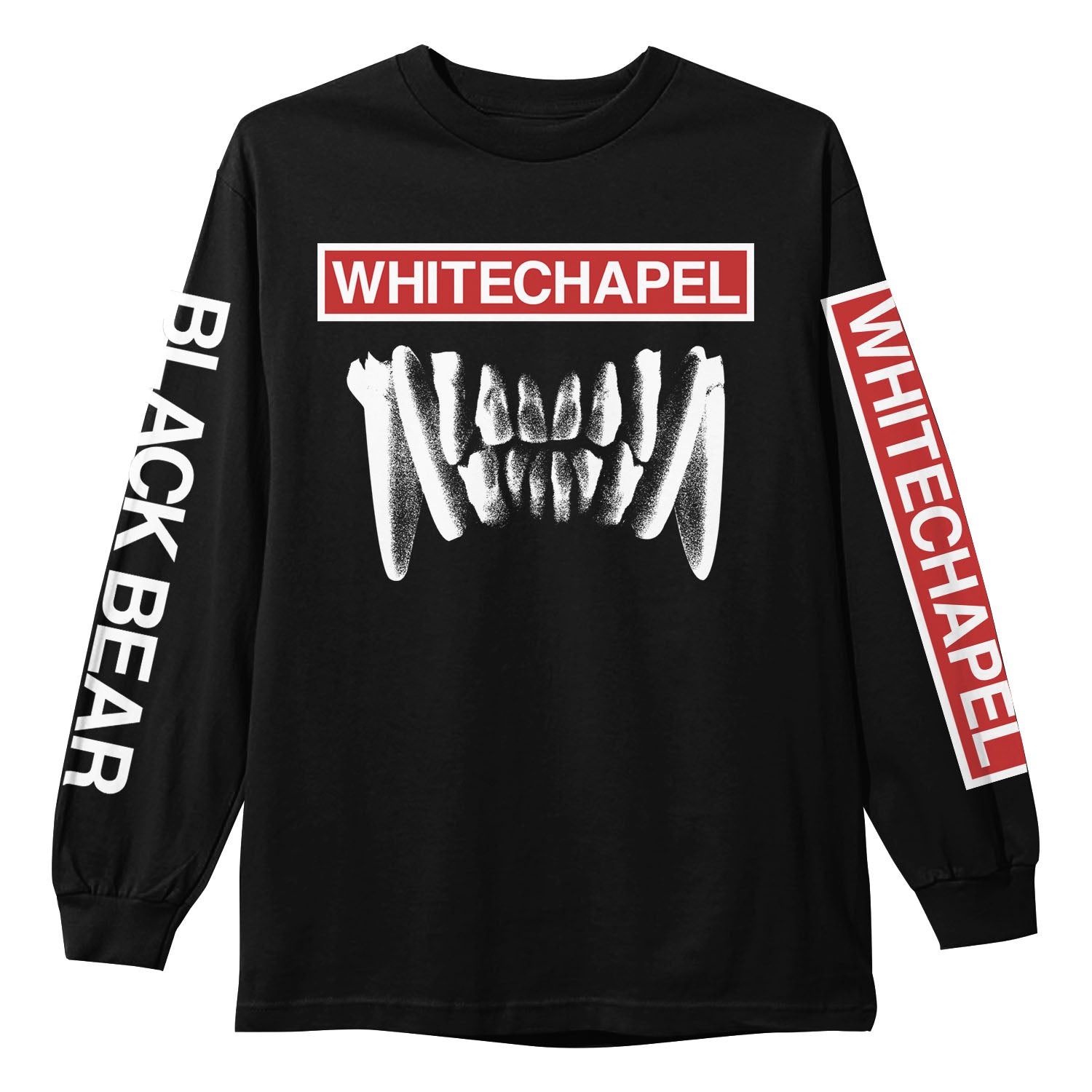 Image of a black longsleeve shirt against a white background. The front of the shirt says whitechapel across the front in white text on top of a white outlined rectangle filled with red. Below this is an image of white bear teeth. The left sleeve says whitechapel descending down the sleeve in white on top of a white outlined rectangle filled with red. The right sleeve in white text says black bear. This text also descends down the sleeve.