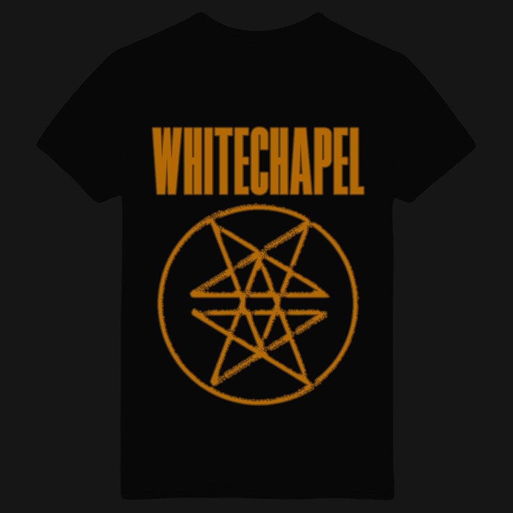 A black Whitechapel T-shirt with bold orange “WHITECHAPEL” text above a stylized eight-point orange star in a circle. One-week presale; ships starting 10/14.