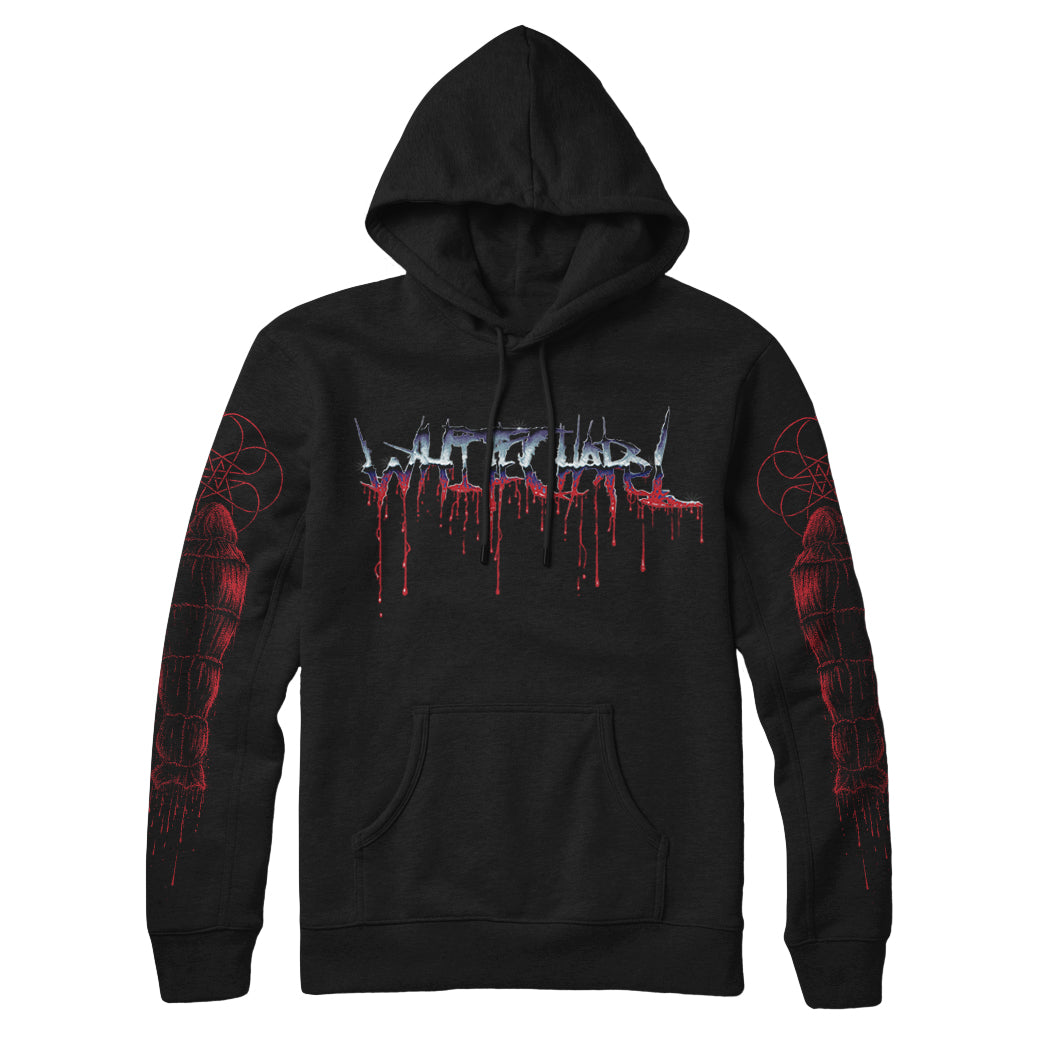 Image of the front of a black hoodie against a white background. Across the chest in a blue to white to red gradient color reads 