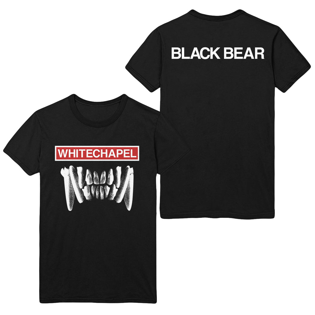 Image of the front and the back of a black tshirt against a grey concrete background. The front of the shirt says whitechapel across the front in white text on top of a white outlined rectangle filled with red. Below this is an image of white bear teeth. The back of the shirt says black bear across the shoulders in white text.